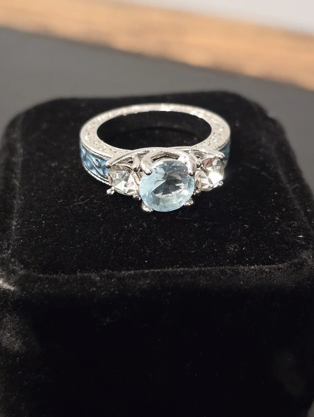Aquamarine Three Stone Engagement Ring Vintage Filigree Enamel Band Size 7 CZ